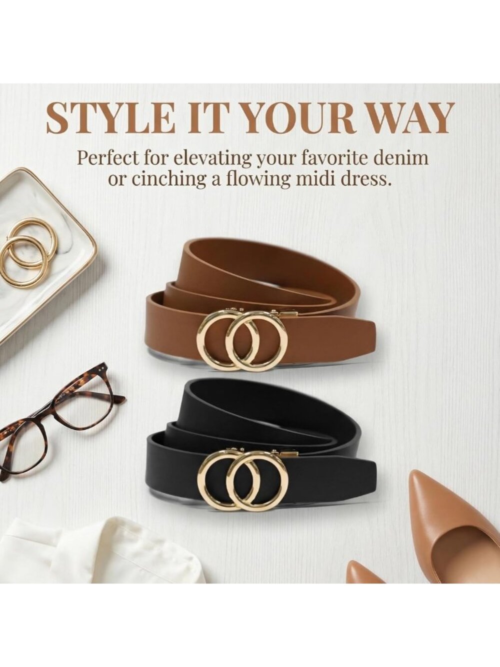 2-Pack Women's Genuine Leather Slim Waist Belts with Gold Buckle | Versatile for - Picture 7 of 8